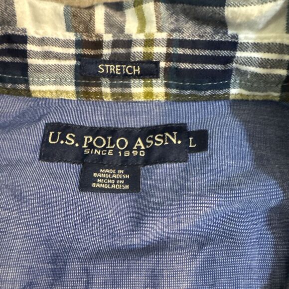 U.S. Polo Assn. Stretch Mens Flannel Button Down Shirt‎ Size L Black Plaid NICE! - Picture 2 of 6
